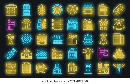 Die Münchner Symbole setzen einen Umrissvektor. Stadtgebäude. Skyline-Architektur neonale Farbe auf Schwarz