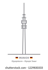 Munich line icon. Olympiaturm television tower and German flag vector illustration.