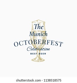 Munich Octoberfest Celebration Best Beer Abstract Vector Sign, Symbol or Logo Template. Hand Drawn Retro Glass with Classic Typography. Vintage Beer Emblem or Label. Isolated.
