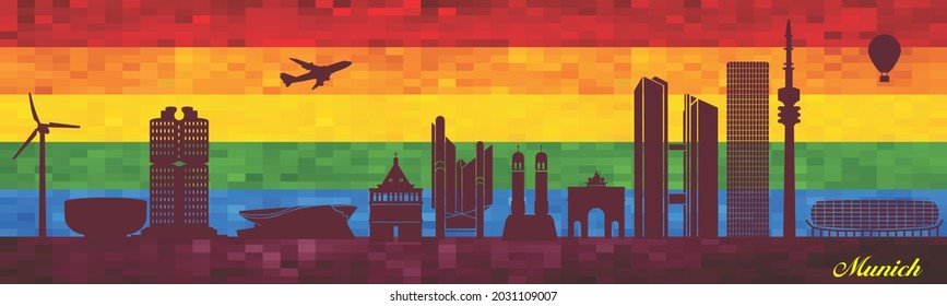 Munich on LGBT flag background - illustration, 
Town in Rainbow background, 
Vector city skyline silhouette