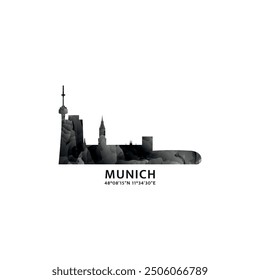 Munich panorama, vector badge, skyline logo and icon. Germany city horizon logotype with landmarks and building silhouettes. Isolated foggy abstract gradient graphic