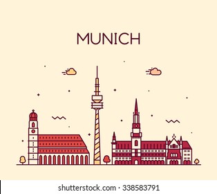 Munich skyline, detailed silhouette. Trendy vector illustration, linear style