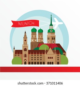 Munich skyline, detailed silhouette. Trendy vector illustration, flat style. Stylish colorful Munich Frauenkirche as symbol of Germany, Bavaria. Concept for a web banner