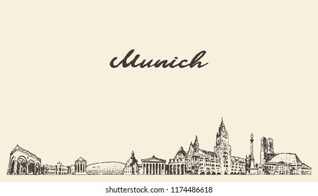 Munich skyline, Germany, hand drawn vector illustration, sketch