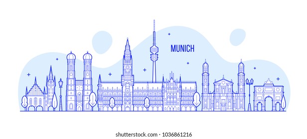 Esquina de Munich, Alemania. Esta ilustración representa la ciudad con sus edificios más notables. El vector es totalmente editable, cada objeto es holístico y móvil