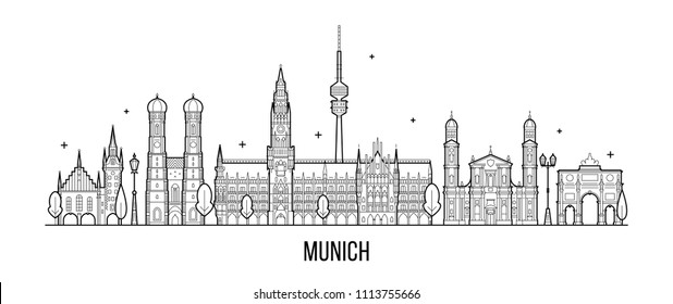 Munich skyline, Germany. This illustration represents the city with its most notable buildings. Vector is fully editable, every object is holistic and movable