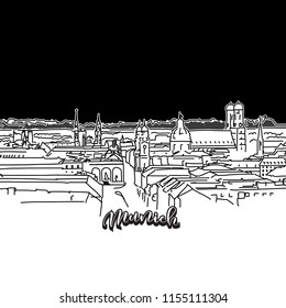 Munich skyline, outline. Vector drawing of skyline, outline, Germany. Black and white illustration concept.