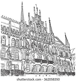 Munich Town Hall, Munich, Bavaria, capital of Germany, European city, vector sketch hand drawn collection, drawing, scribble. 