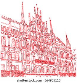 Munich Town Hall, Munich, Bavaria, capital of Germany, European city, vector sketch hand drawn collection, drawing, scribble. 