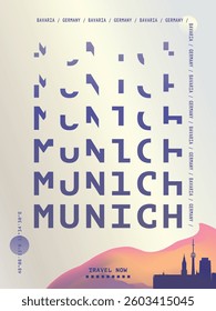 Munich typography minimalist vector poster layout. Brochure, leaflet, flyer, advertising image template with text, multicolors for Germany city. Event, festival, cover graphic