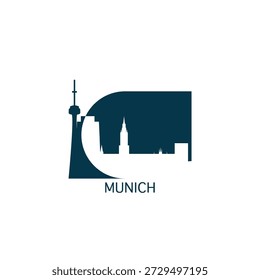 Munich vector icon with skyline, panoramic view, city shape. Germany landmarks logo concept. Blue flat isolated graphic, badge