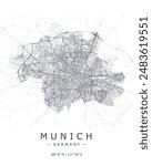 Munich vector map. Detailed map of Munich city in Germany. City host of UEFA Euro 2024. Best free vector illustration. Outline map with highways and streets. Tourist decorative street map.