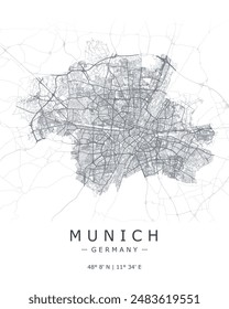 Munich vector map. Detailed map of Munich city in Germany. City host of UEFA Euro 2024. Best free vector illustration. Outline map with highways and streets. Tourist decorative street map.