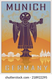 Munich Vintage poster in orange and blue textured background with skyilne in white