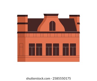 Municipal building exterior. Old architecture construction with red-brick facade. House with attic, windows. Historic structure from outside. Flat vector illustration isolated on white background