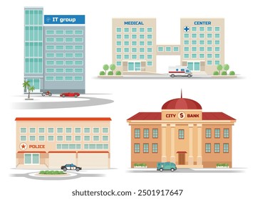 Municipal buildings with cars. Houses office hospital bank municipal police hospital isolated vector illustration