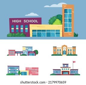 municipal buildings. city exterior modern facades of school college and university. Vector architectural objects