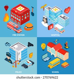 Municipal buildings design concept set with fire station hospital police and school isometric icons isolated vector illustration