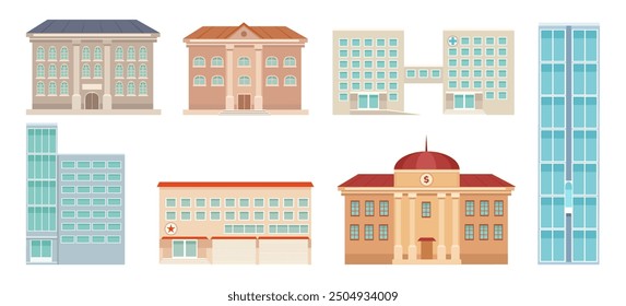 Municipal buildings. Government houses city library hospital bank supermarket urban buildings university building and municipal police hospital isolated vector illustration