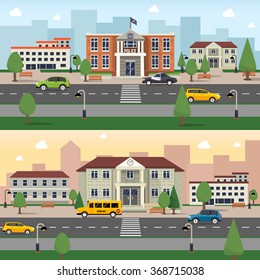 Municipal buildings horizontal banner set with police office and school outdoors vector illustration 