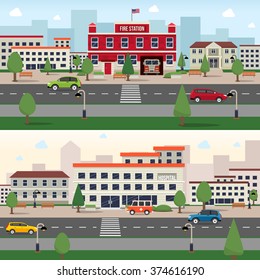 Municipal Buildings Horizontal Banner Set With Fire Station And Hospital Outdoors Isolated Vector Illustration