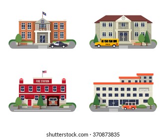 Municipal Buildings Icons Set With Police Department Fire Station School And Hospital Isolated Vector Illustration