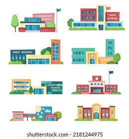 municipal buildings. knowledge houses for studying school institute college university architectural facades. Vector municipal constructions in flat style