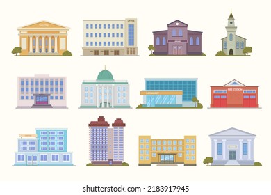 Municipal buildings. museum hospital cerch supermarkets school police department. Municipal architectural objects in cartoon style