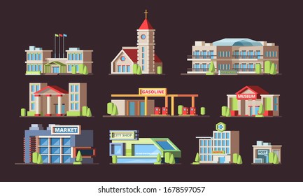 Municipal buildings. School church gas station museum hotel bank store post office hospital. vector urban buildings