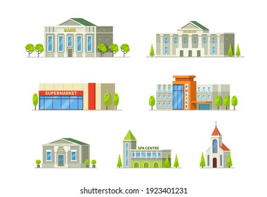 Municipal buildings set. Buildings bank, museum, supermarket, police, post office, spa center, church cartoon vector illustration