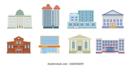 Municipal buildings. urban architectural objects banks school hospital police department. Vector flat pictures of colored buildings isolated