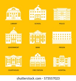 Municipal Buildings White Icons. Government Building Set, City Hall And Hospital, Governments House And School Signs. Vector Illustration