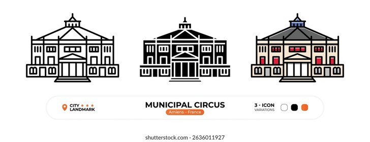 Municipal Circus Line Icon, Amiens, France Landmark, Silhouette, Color Vector, Editable Stroke.

