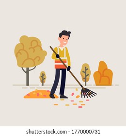 Municipal or city council street sweeper taking care of fallen leaves during fall or autumn season concept vector illustration in trendy flat style