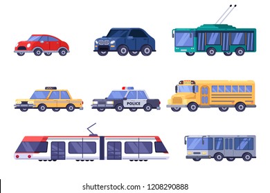 Municipal city public and personal transport set. Vector flat vehicle illustration. Colorful modern car, tram, bus, trolleybus, train isolated on white background.