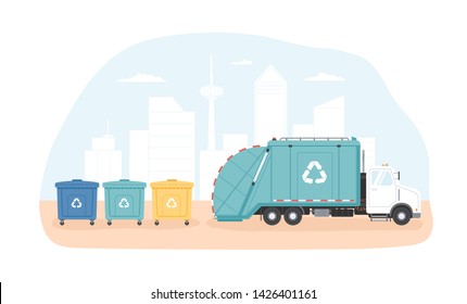 Municipal dumpsters and waste collection vehicle or garbage truck collecting trash against modern cityscape in background. Junk sorting and recycling. Modern flat cartoon colorful vector illustration. svg