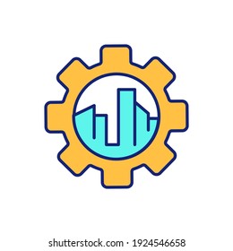 Municipal infrastructure engineering RGB color icon. Urban construction. Real estate business. Residential city building. Industrial development. Civil engineering. Isolated vector illustration