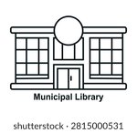 Municipal Library Building Vector Line Icon. Outline Illustration of Public Library, Education Center, Book Archive, and Municipal Architecture Isolated on White Background.