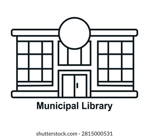 Municipal Library Building Vector Line Icon. Outline Illustration of Public Library, Education Center, Book Archive, and Municipal Architecture Isolated on White Background.