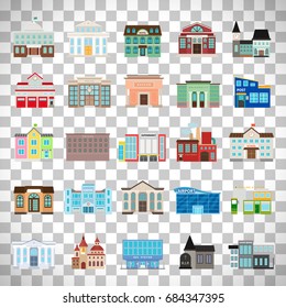 Municipal library and city bank, hospital and school vector icon set. Colored urban government building icons isolated on transparent background