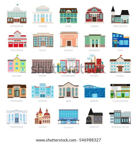 Municipal library and city bank, hospital and school vector icon set. Colored urban government building icons