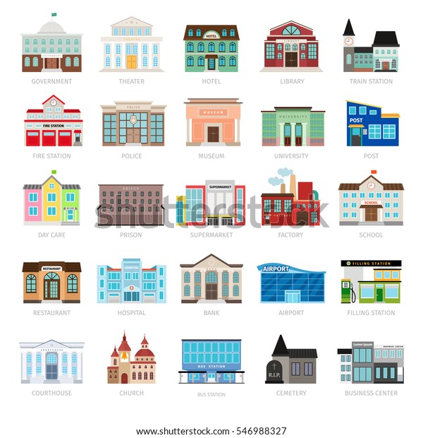 Municipal library and\
city bank, hospital and school vector icon set. Colored urban\
government building\
icons
