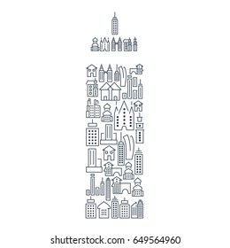Municipal and living buildings icons set in shape of skyscraper in lined style isolated vector illustration