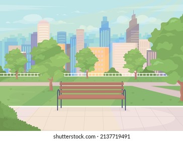 Municipal park flat color vector illustration. Green space to residents. Open lawn space. Public place for relaxation and running 2D simple cartoon landscape with city on background