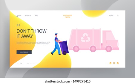 Municipal Recycling Service Website Landing Page. Dustman Loading Litter Bin to Garbage Truck for Transportation on Recycle Utilization Factory Web Page Banner. Cartoon Flat Vector Illustration