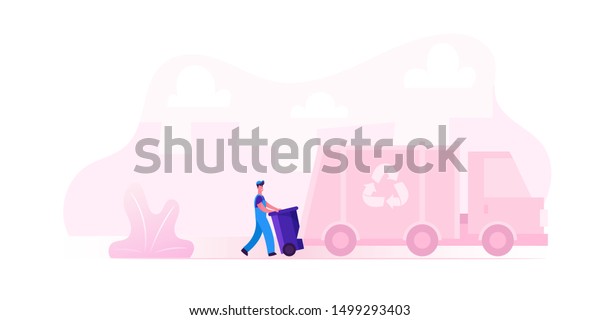 Municipal Recycling Service. Worker Wearing\
Uniform Loading Litter Bin to Garbage Truck for Transportation on\
Recycle Utilization Factory. Cleaning Company Employee. Cartoon\
Flat Vector\
Illustration