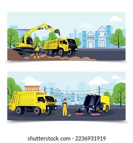 Municipal service horizontal flat banners set with city cleaning transport and workers isolated vector illustration