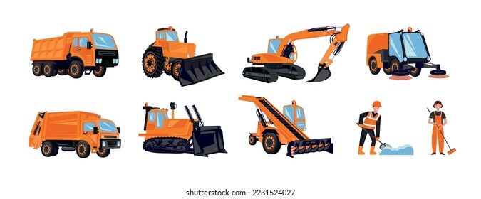 Municipal service road cleaning transport flat set of isolated images with orange dump trucks bulldozers workers vector illustration