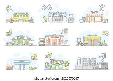 Municipal Services or City Services for Citizens with Library and City Hall Department Vector Set