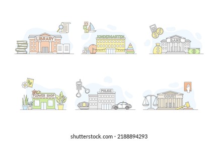 Municipal Services or City Services for Citizens with Library and Bank Department Vector Set